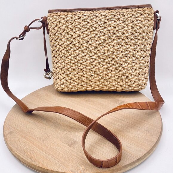 Brighton Crossbody Purse Womens M Tan Straw Leather Woven Messenger Boho - Picture 3 of 13
